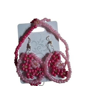 Elegant Pink Beaded Earrings Set